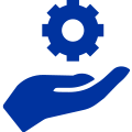 Dark blue hand holding a gear icon
