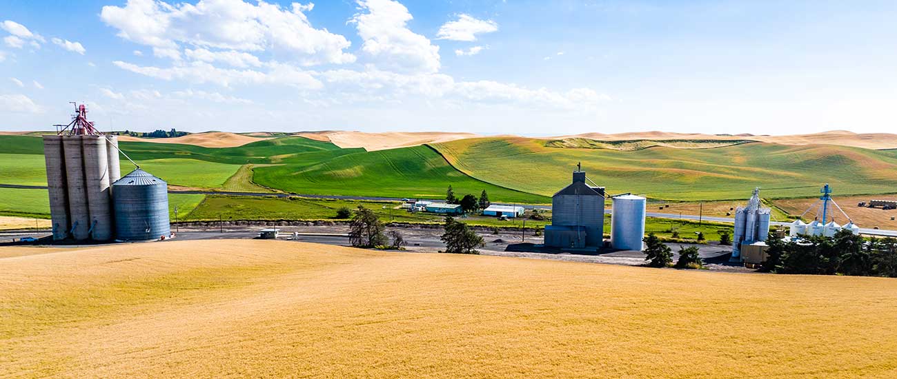 Aerial view of silos and fields