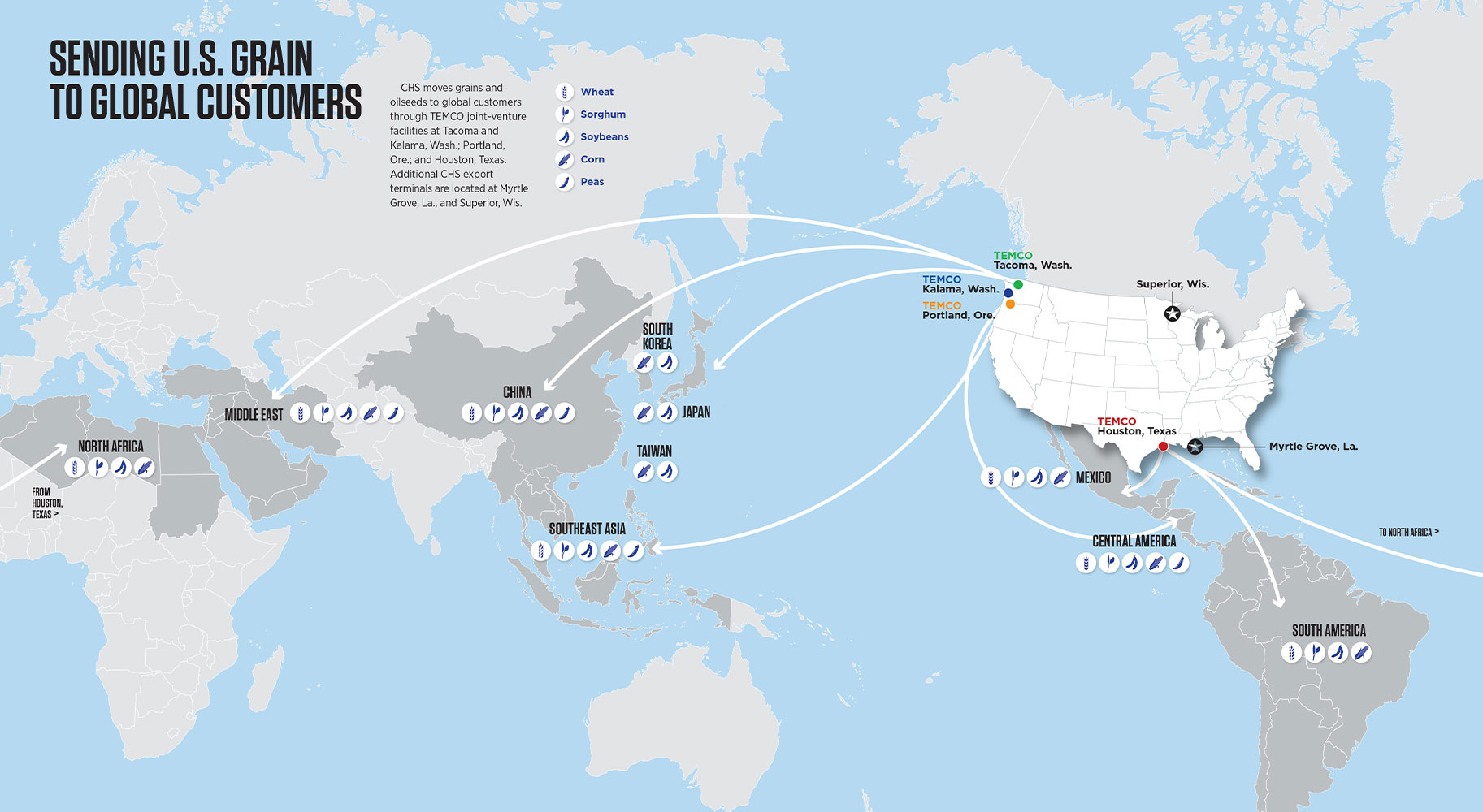 World map showing counties where CHS exports grain
