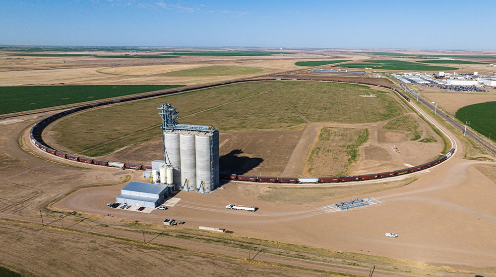 Grain elevator with large loop railroad track and train
