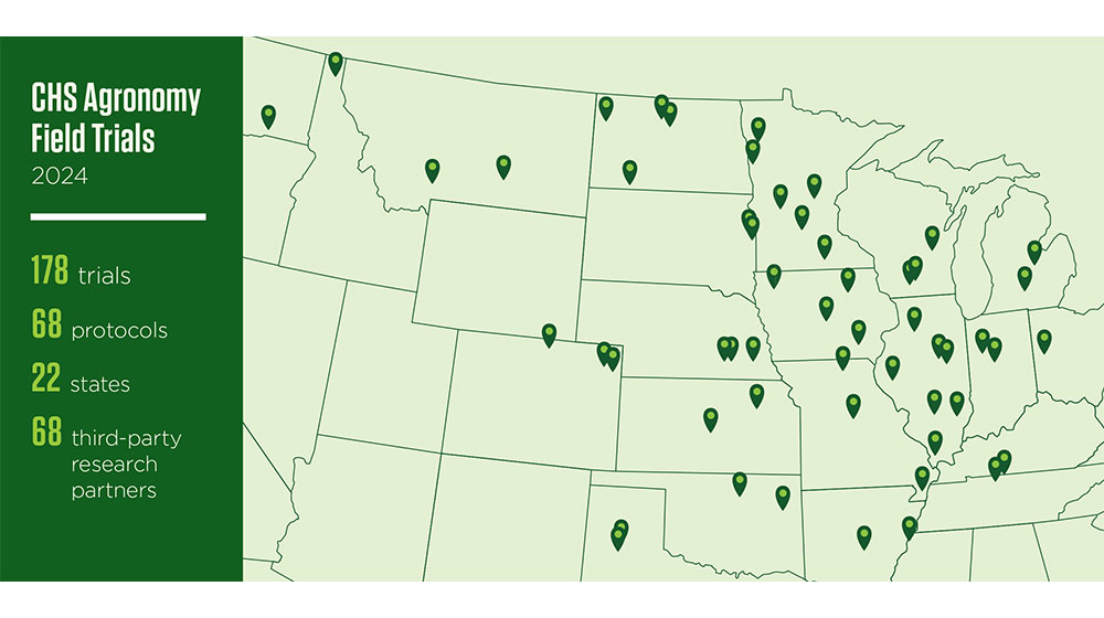 Map showing location of CHS crop protection and crop nutrient product trials in 22 states in 2024    