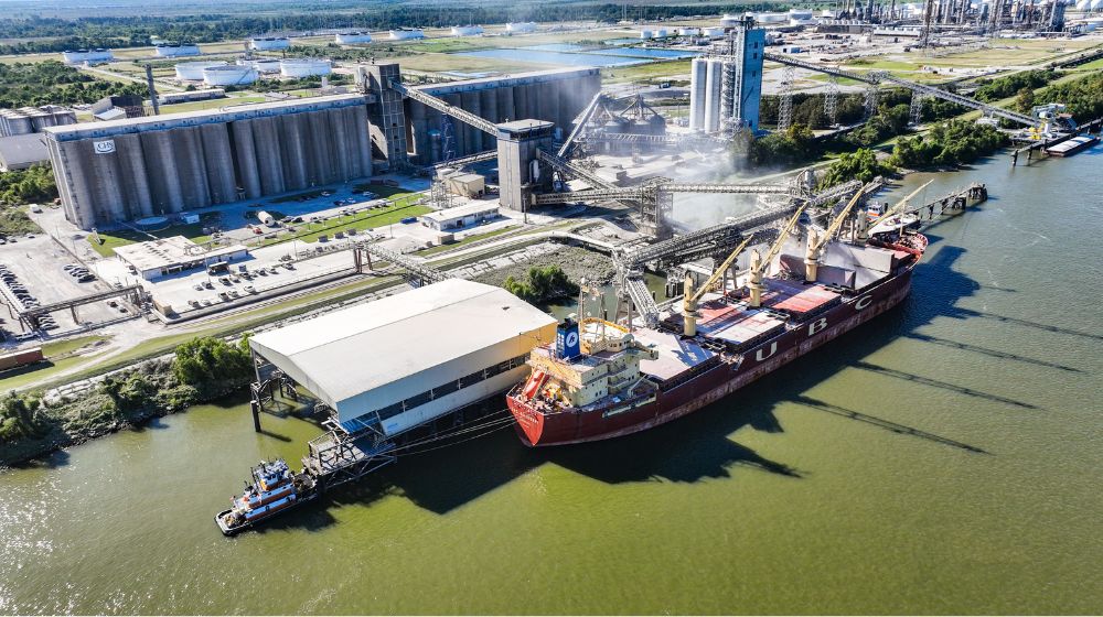 Ship being loaded with corn at an export terminal 